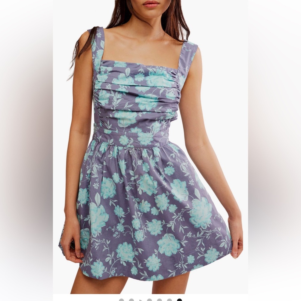 NWTFree People MEET ME IN MIAMI Floral Square-Neck A-Line Dress in Blue